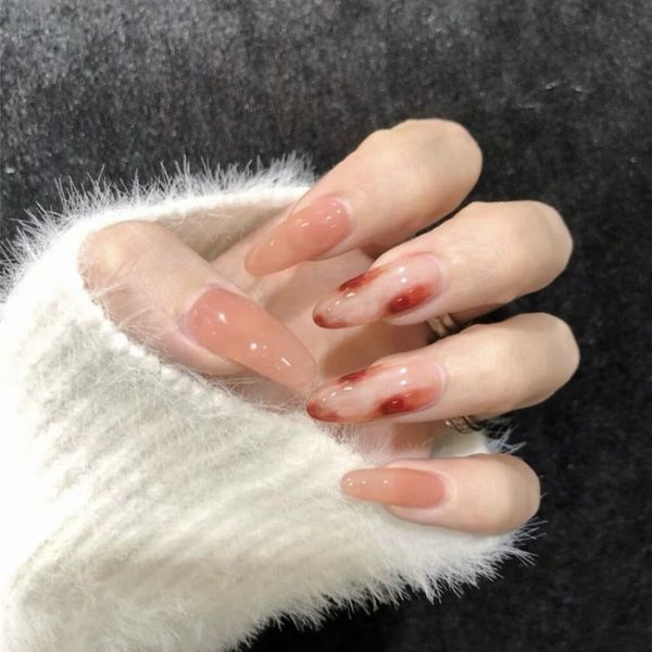 

false nails 24pcs pink fake glossy artificial lady fingernails glitter nail with adhesive press on, Red;gold