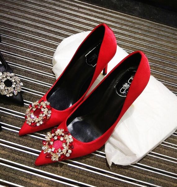 

rhinestone pointed high heels 2021 spring model diamond stiletto shallow shoes wedding shoes women size:eu34-41, Black