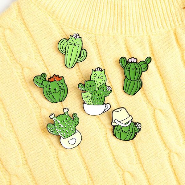

pins, brooches cartoon green plants cactus enamel pin cute cat face lapel flower potted plant funny badge jewelry gifts, Gray