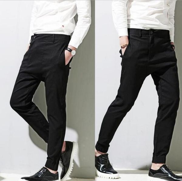 

autumn spring and large size elastic waist multi-pocket casual personality fashion small feet button black men's pants/m-xl