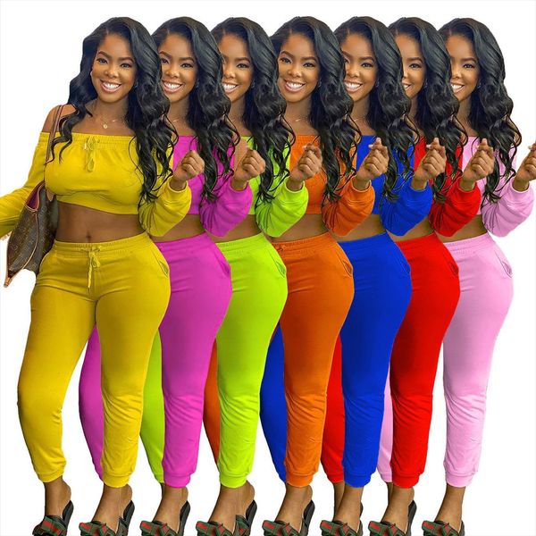 

fashion two piece set womens pants off shoulder crop pencil jogger sweatpants suit tracksuit fitness outfit matching, White