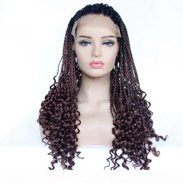 

wholesale two tone twist braids hair wigs curly braided lace front wig synthetic heat resistant fiber glueless half hand tied for women, Black
