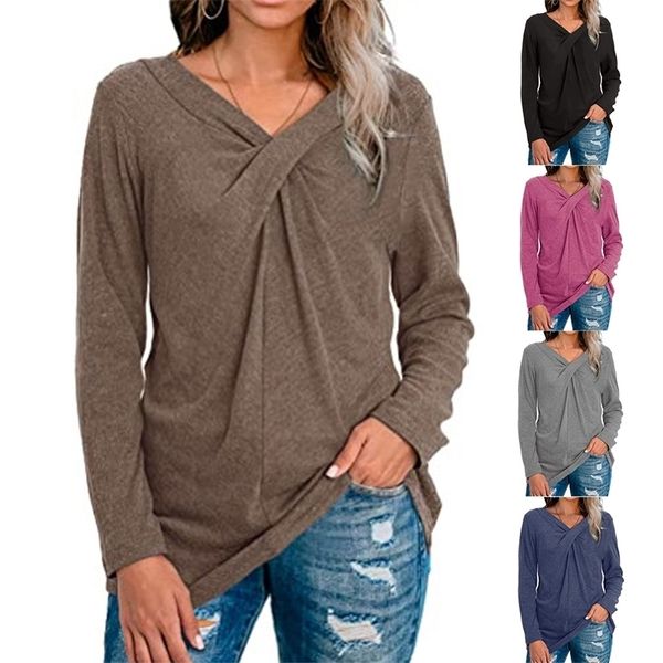

women t-shirt loose v-neck kink solid long sleeve plus size shirts autumn spring pullover female cotton tee shirts 210315, White