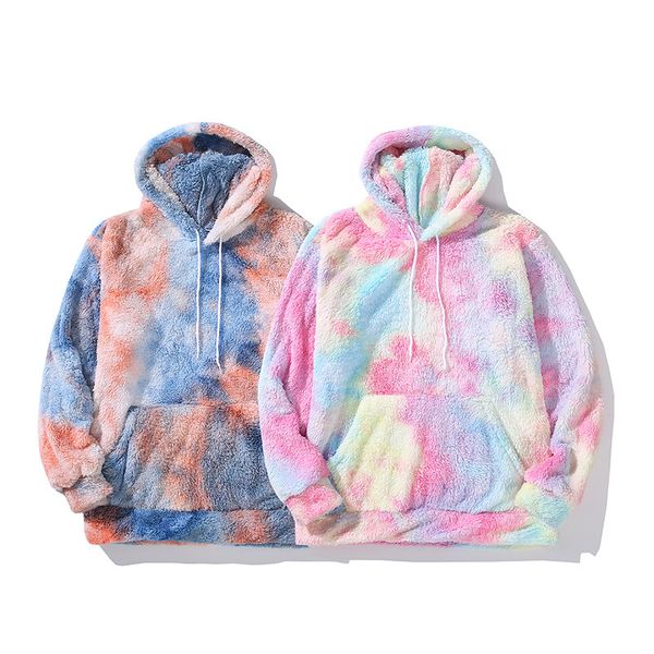 

mens autumn and winter new personalized street fashion lambswool idle style loose tie-dyed hooded male, Black