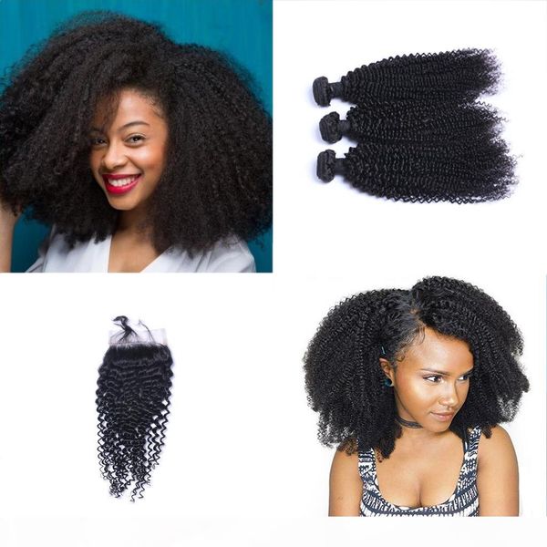 

8a brazilian kinky curl hair bundles with closure middle 3 part double weft human hair extensions dyeable human hair weave dhl shipping, Black