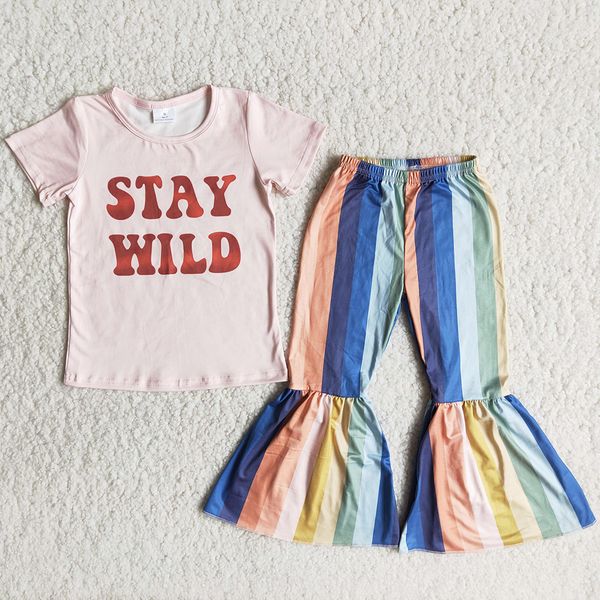 

baby girls clothing sets fashion kids boutique clothing stay wild print t-shirt colorful bell bottom pants girls boutique outfit, White