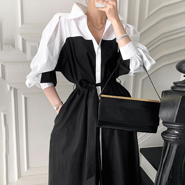 

[ewq] contrast color bandage long women dress shirt lapel puff sleeve loose fashion tide spring autumn 16w705, Black;gray