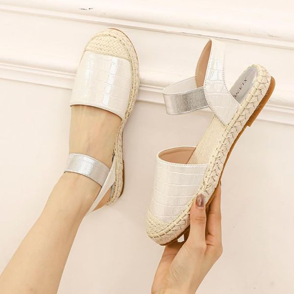 

sandals ladies flat cover toe out wear soft soled female single shoes elastic band straw woven large size beach women, Black