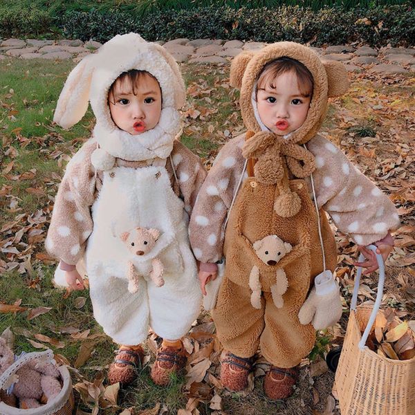 

girls' children's clothing autumn winter new boys and cashmere plush suspender bear doll warm pants, Blue