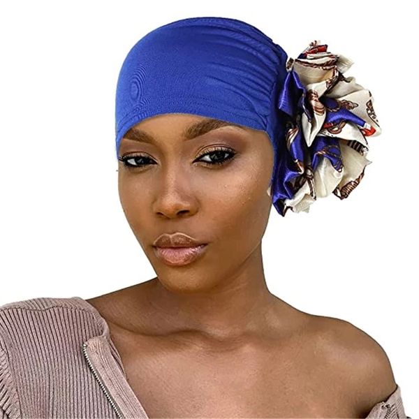 2021 muslimische Mode Frauen Hijab Motorhaube Große Blume Elastische Turban Afrika Kopf Schal Wrap Haarausfall Chemo Kappe Hut Blau