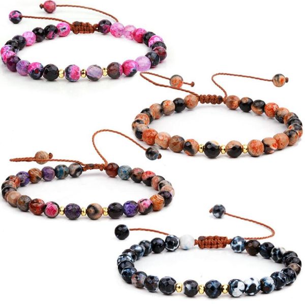

6mm natural stone colorful crystal gem agate beaded strand bracelets for women men handmade braided rope adjustable bracelet fashion jewelry, Black