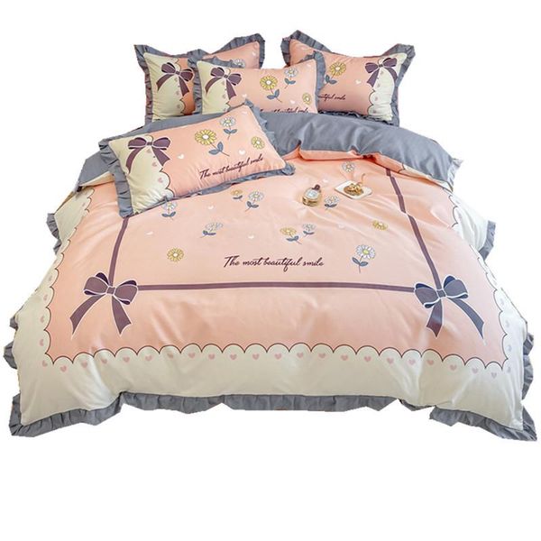 

bedding sets cotton 4 pcs set  cute brushed printing duvet cover bed sheet pillowcases king size 200x230cm
