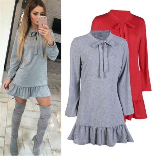

casual dresses long sleeve ruched ruffle mini dress spring o-neck bow-knot summer women's elegant bowknot vestido loose, Black;gray