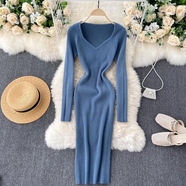 

knitted sweater dress women autumn winter new fashion v-neck feminine long sleeve solid color casual vestidos q313, Black;gray