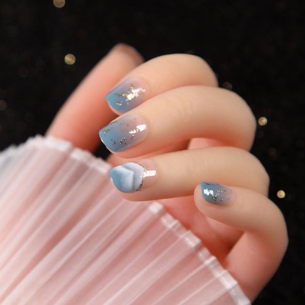 

false nails 24pcs shell pearl shimmering powder dusty blue hill fake patch summer fresh detachable wearable finished ti, Red;gold