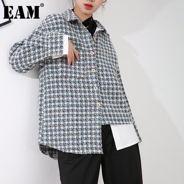

women's jackets [eam] loose fit blue tweed irregular big size jacket lapel long sleeve women coat fashion tide spring autumn 2021 1db58, Black;brown
