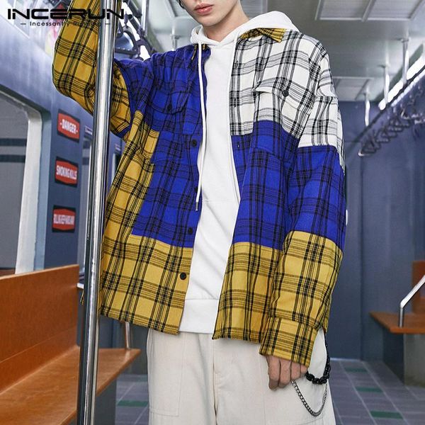 

vintage long sleeve patchwork blouse incerun men leisure plaid shirts man loose button camisa casual multi pockets shirts 5xl 7, White;black
