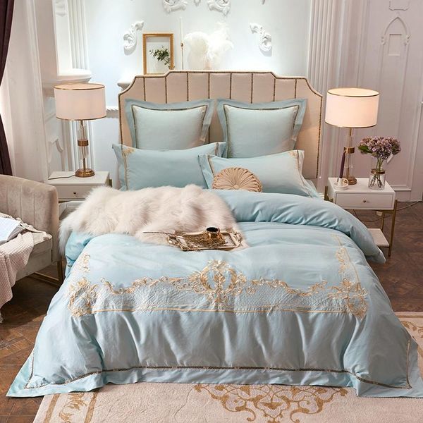 

bedding sets luxury chic embroidery 60s satin egyptian cotton soft bed pillowcases 4/6pcs linen gray blue sheet set duvet cover