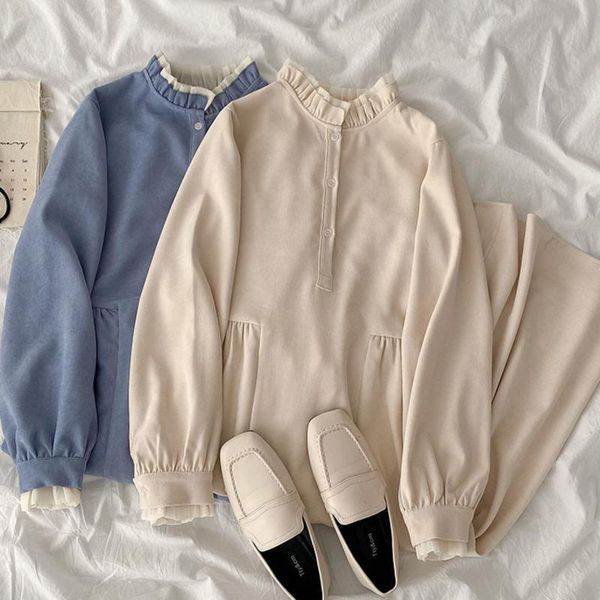 

elegant fashion long dresses women casual stand collar with lace long sleeve korean style dress female blue apricot vestidos, Black;gray