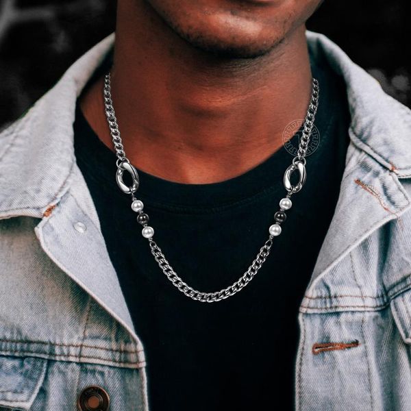 

pendant necklaces unique choker necklace for men women stainless steel curb cuban link chain pearl hematite stone fashion jewelry gift ldn27, Silver