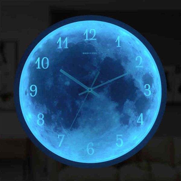 Искусство дизайн настенные часы 12-дюймовый голубой луна звуковой контроль светящийся цифровая современная бесшумная гостиная спальня с круглым украшением H1230