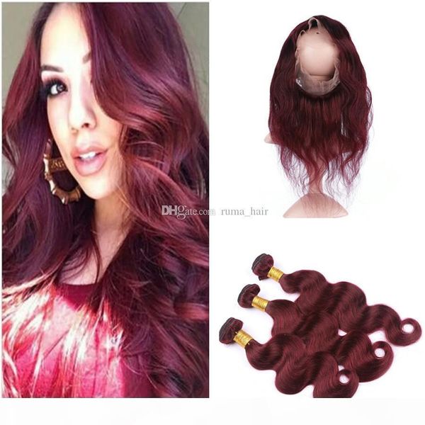 

burgundy 360 with bundles 99j body wave 360 lace closure with bundles brazilian virgin 8a hair human hair weaves with 360 frontal, Black;brown