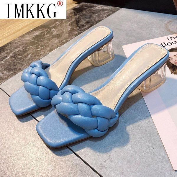 

woman slippers transparent high heels new summer shoes square heel weave square toe slippers ladies ladies leather shoes, Black