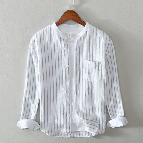 

2021 summer new style long-sleeved stripe casual linen and cotton shirts for men stand collar shirt mens chemise egsf, White;black