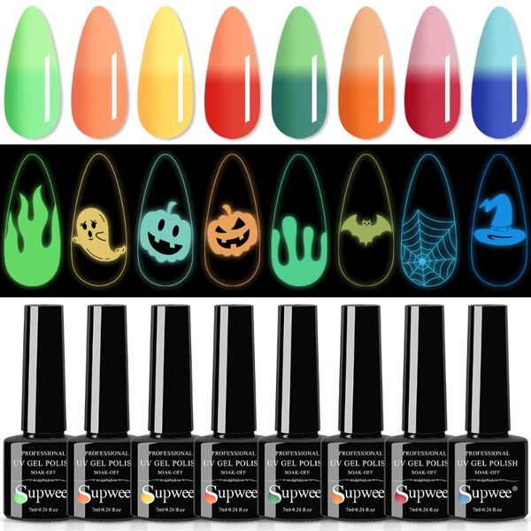 

nail gel supwee 8pcs polish set glow in the dark semi permanent temperature color changing pumpkin uv halloween varnish art, Red;pink