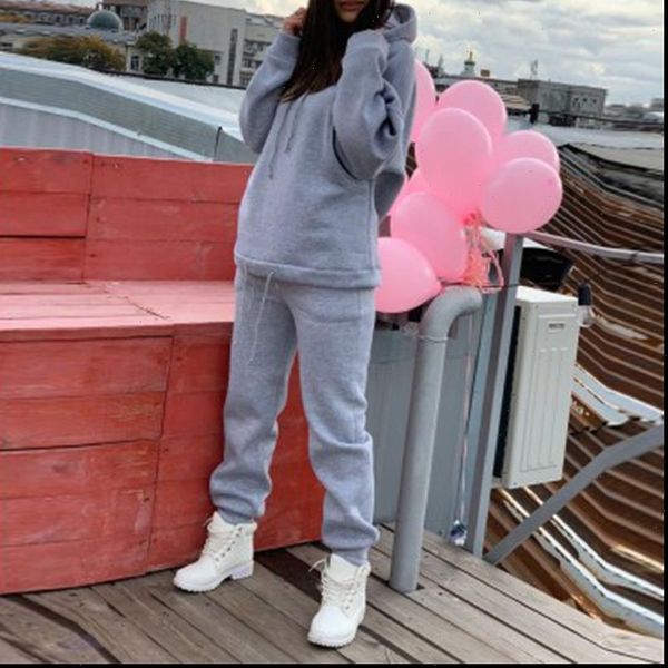 

autumn fleece sports pockets womens suits long sleeve drawstring female hoodies suit casual tracksuit long pants ladies set, Gray
