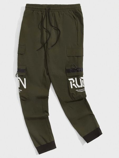 

men drawstring waist letter graphic flap pocket cargo pants t3cm#, Black