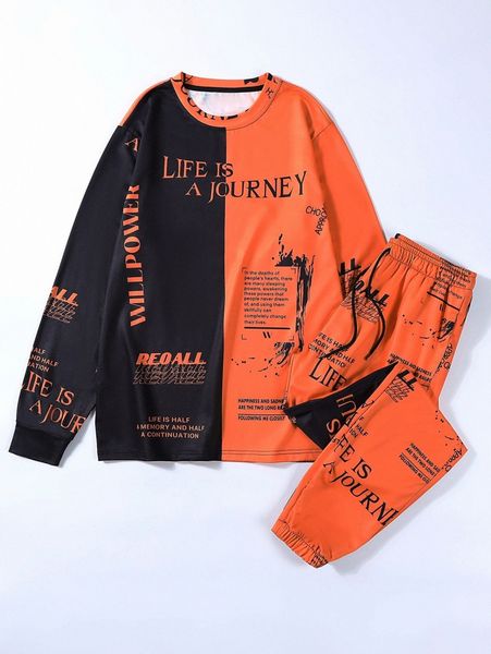 

men slogan graphic color block pullover & drawstring waist sweatpants a5nd#, Gray