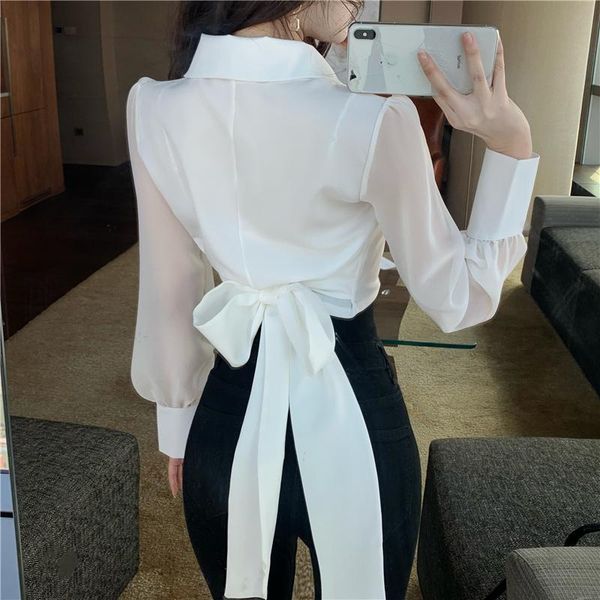 

women's blouses & shirts 2021 spring women long sleeve blouse lapel collar v-neck buttons ladies crop belted bowtie blusas mujer, White