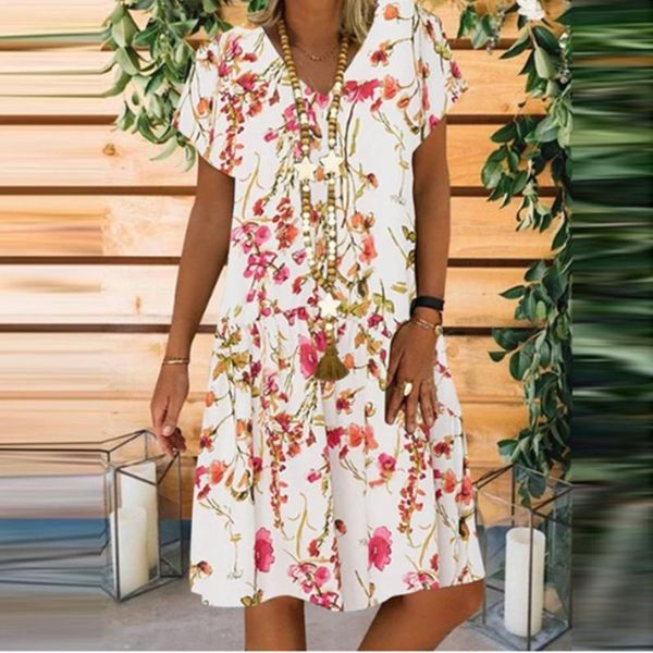

women's swimwear women summer dresses 2021 deep v neck buttons up floral print boho beach dress ruffle short sleeve a line mini casual, White;black