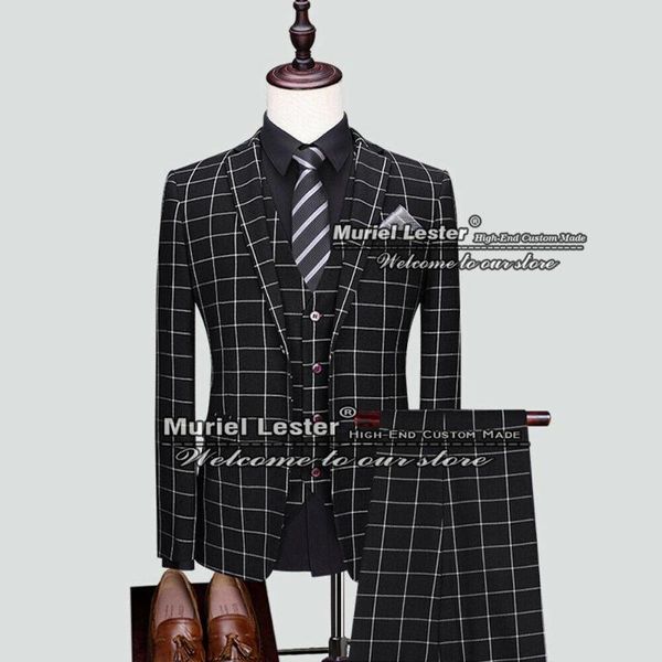 

men's suits & blazers elegant plaid check black men 3 pieces set wedding tuxedos smoking business blazer evening party dress costume ho, White;black