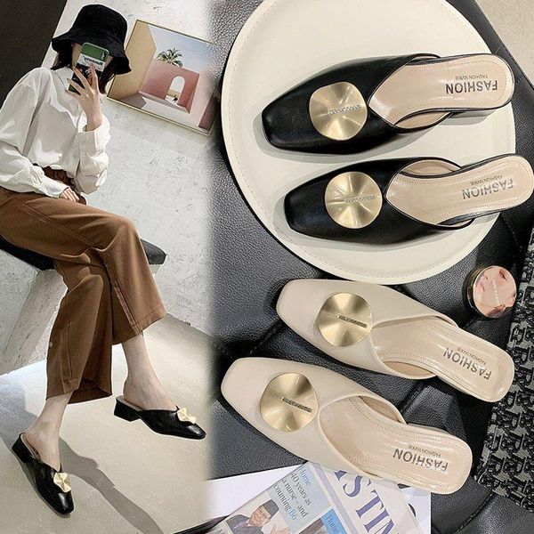 

slippers 2021 summer fashion wild square head with thick heel baotou half female wear muller sandals x244, Black