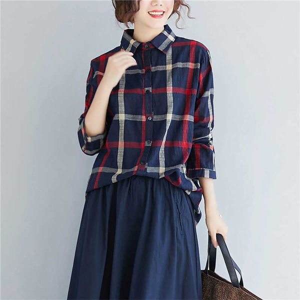 

spring autumn arts women long sleeve loose casual plaid shirts turn-down collar cotton linen blouse femme m704 210608, White