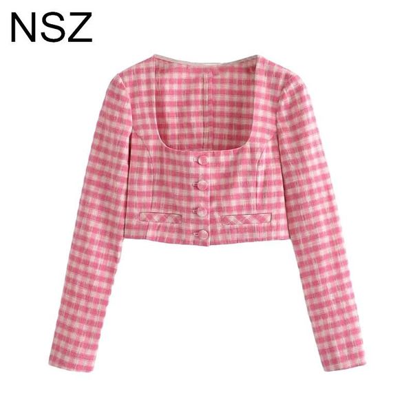 

women's jackets nsz women pink plaid tweed jacket crop square collar fashion ladies thin coat female outerwear 2021, Black;brown