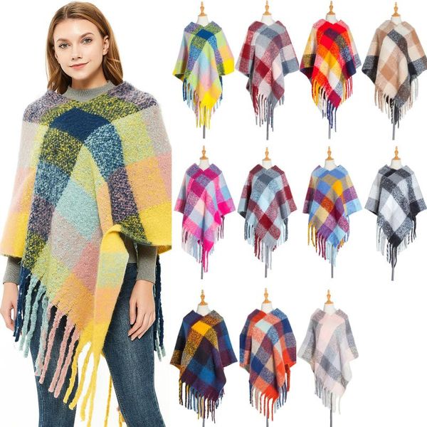 

scarves winter ponchos capes for ladies tassel head cape thick color plaid shawl scarf fashion warm sausell cloak bufanda mujer, Blue;gray