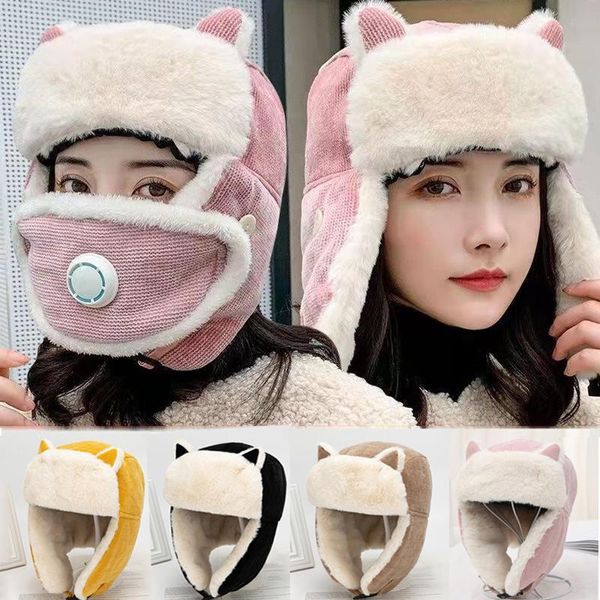 

cycling caps & masks winter women bomber hat cute cat ears lei feng cap with mask warm cashmere windproof ear protection outdoor skiing, Black