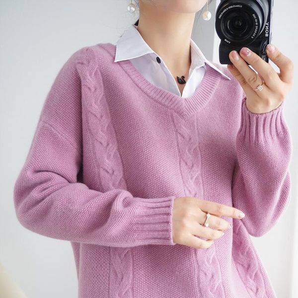 

women's sweaters 2021 style 100% wool ladies v-neck pullover sweater long sleeve pure color all-match casual cashmere base, White;black