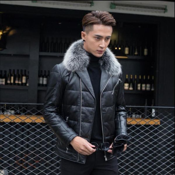 

men's fur & faux m-3xl winter genuine leather down jackets men outerwear sheepskin coat luxurious collar thicken overcoat, Black