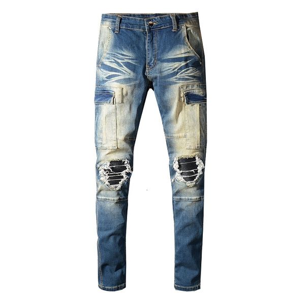 

2021 new men's male trousers street fashion brand old worn yellow jjeans mens slim big pocket overalls knee hole patch denim pants e31g, Blue