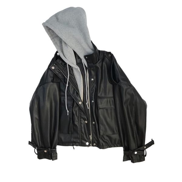 

Women's Leather & Faux 2022 Autumn Women Streetwear Black Pu Soft Jacket Casual Female Fake 2 Piece Hooded Zipper Biker Coat