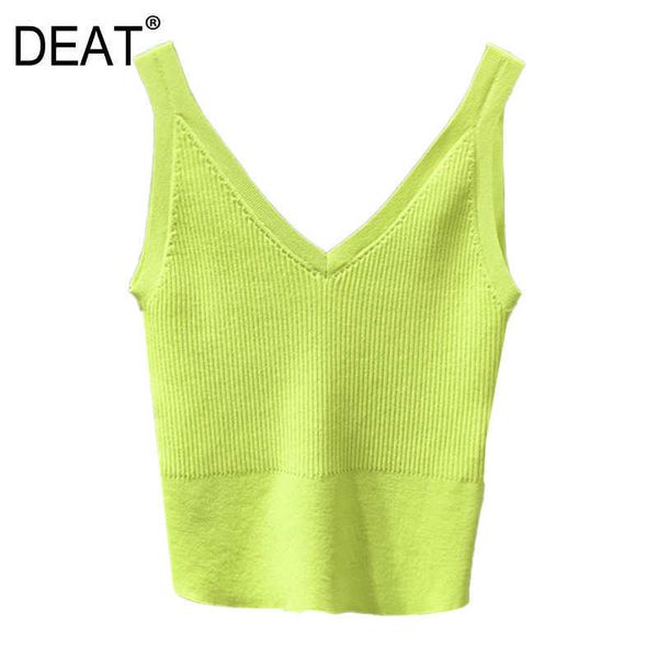 

[deat] summer fashion vest solid color v-neck sleeveless sling knitting simple women tank 13q105 210527, White