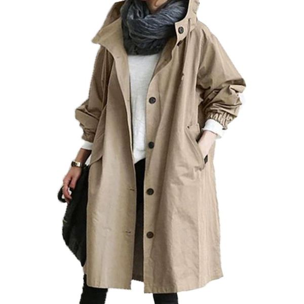 

women's trench coats 2021 womens coat winter windbreaker hooded wild elegant solid loose fashion autumn female long jacket outwear #40, Tan;black