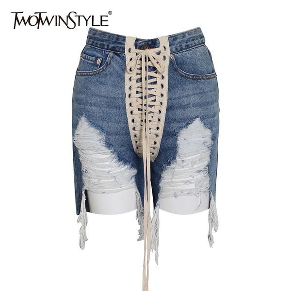 

twotwinstyle patchwork cross strap denim women's shorts high waist hole tassel streetwear shorts female summer fashion new 210301, White;black