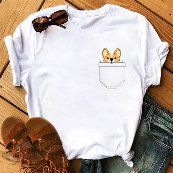

maycaur funny corgi pocket printed women t shirt soft comfortable 90s cute harajuku kawaii graphic tees female, White