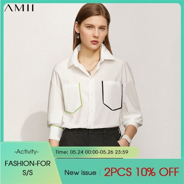

minimalism summer women's shirt offical lady 100%cotton patchwork lapel full sleeve causal 12170179 210527, White