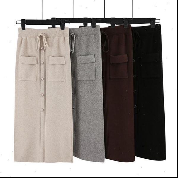 

knitted midi winter skirt women with pockets 2021 thicked knee length pencil skirts women single breasted long skirts for women, Black